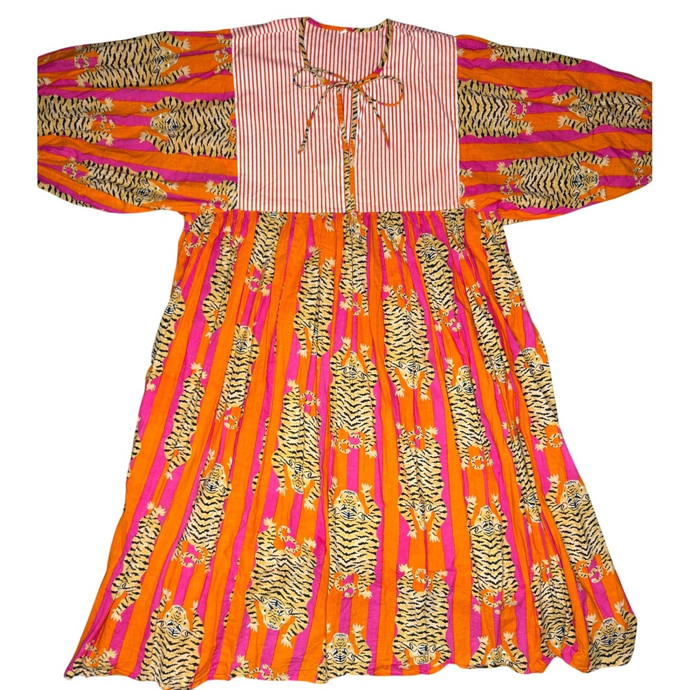 House of Sundar XXL Midi Dress Orange Tiger Hand Block Print Cotton Boho - Picture 4 of 6